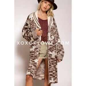 POL Beige + Brown Southwestern Patterned Mid Length Belted Cardigan